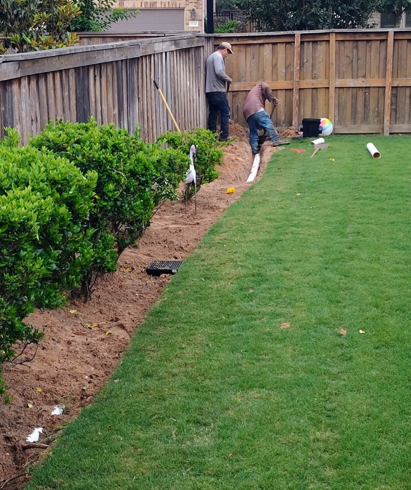 Backyard French drain installation Houston TX